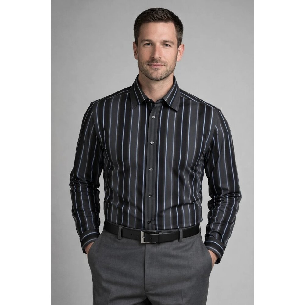 Pronto Uomo Navy , Grey Lt. Blue / Black Stripe Dress Shirt Size Large